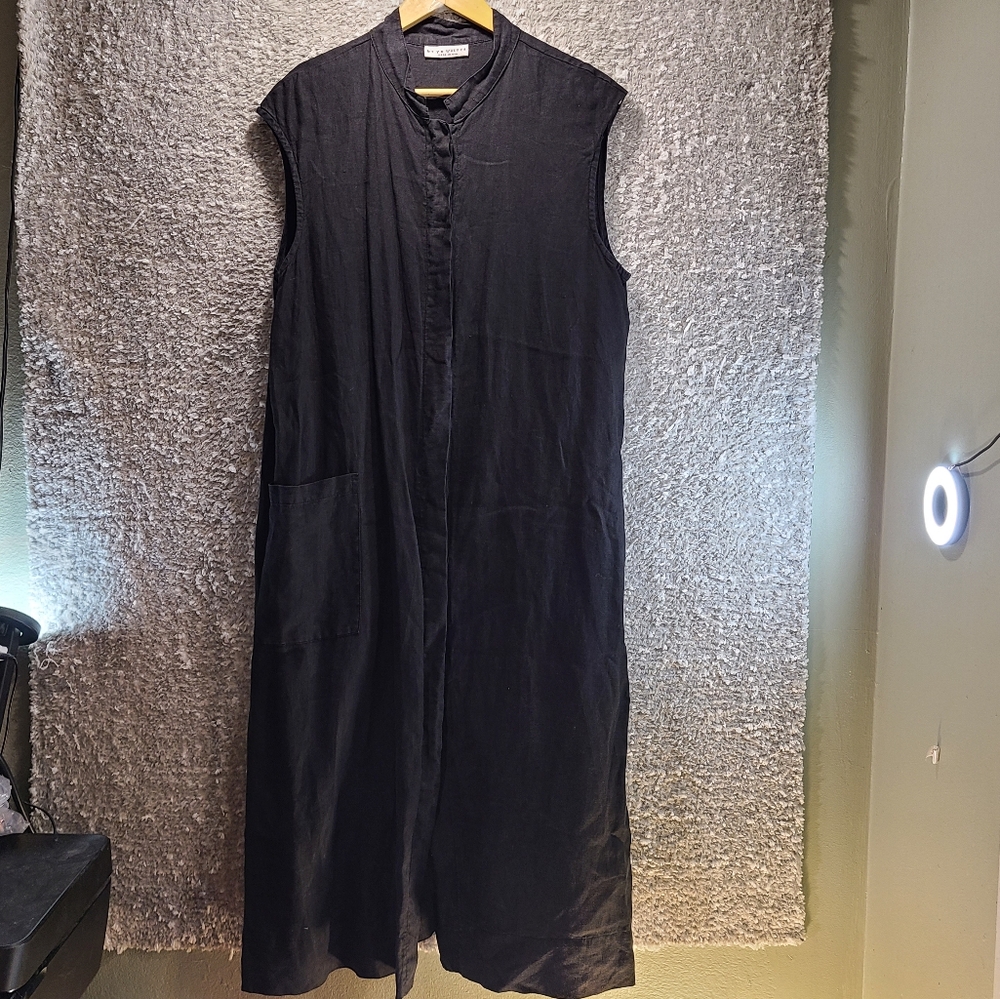 Bryn Walker Linen Button Up Midi Dress Medium Black Lagenlook Pockets